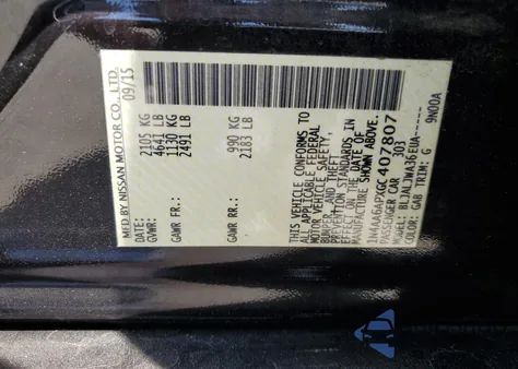 2016 Nissan Maxima 3.5S z USA, uszkodzony, nr VIN 1N4AA6APXGC407807